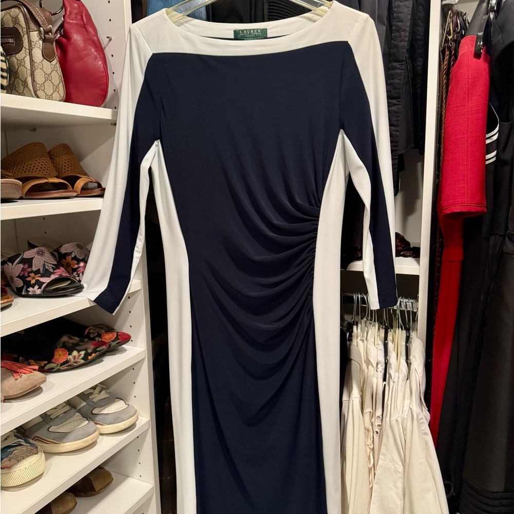 Ralph Lauren Navy and White Three-Quarter Sleeve Dress